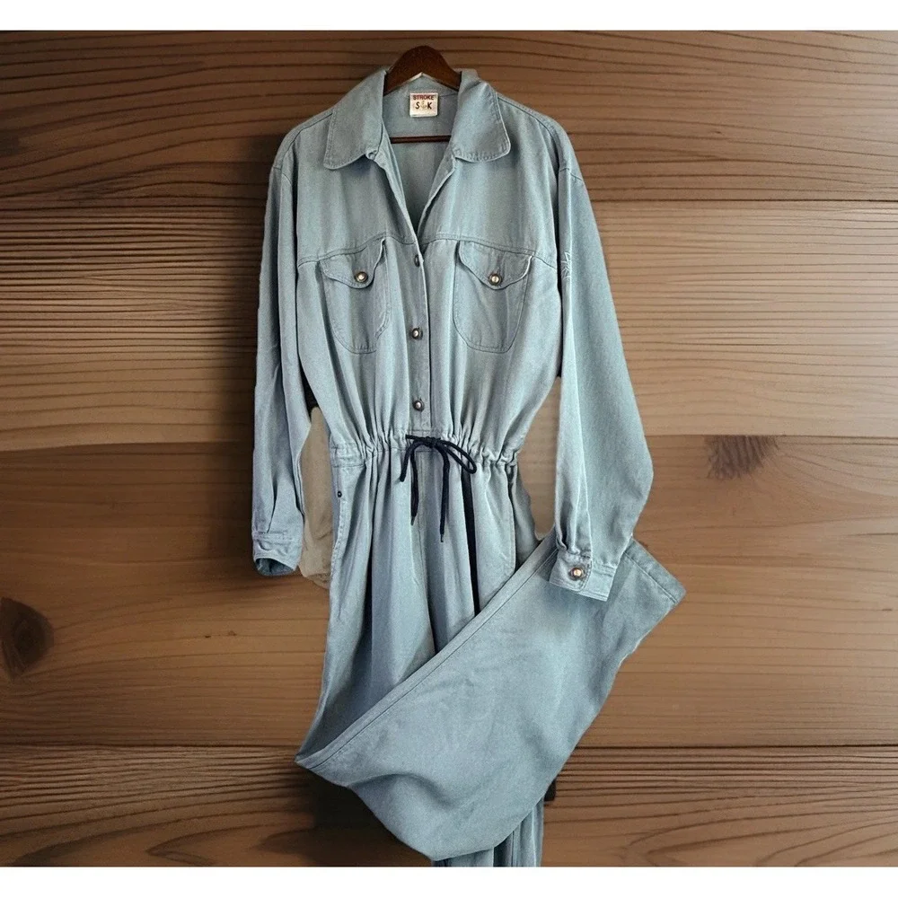 Vintage 90s Chambray Utility Jumpsuit L Cinched Waist Workwear Minimalist Button